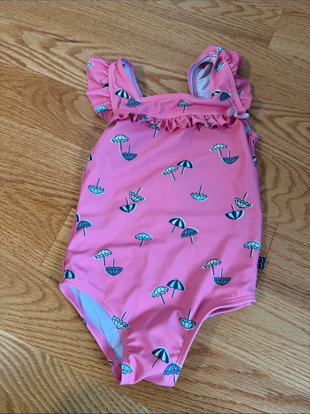 Girls Pink Umbrella Print Ruffle One-Piece Swimsuit